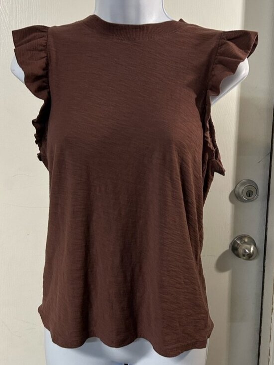 Tops - Brown Ruffle Sleeve Tank Top